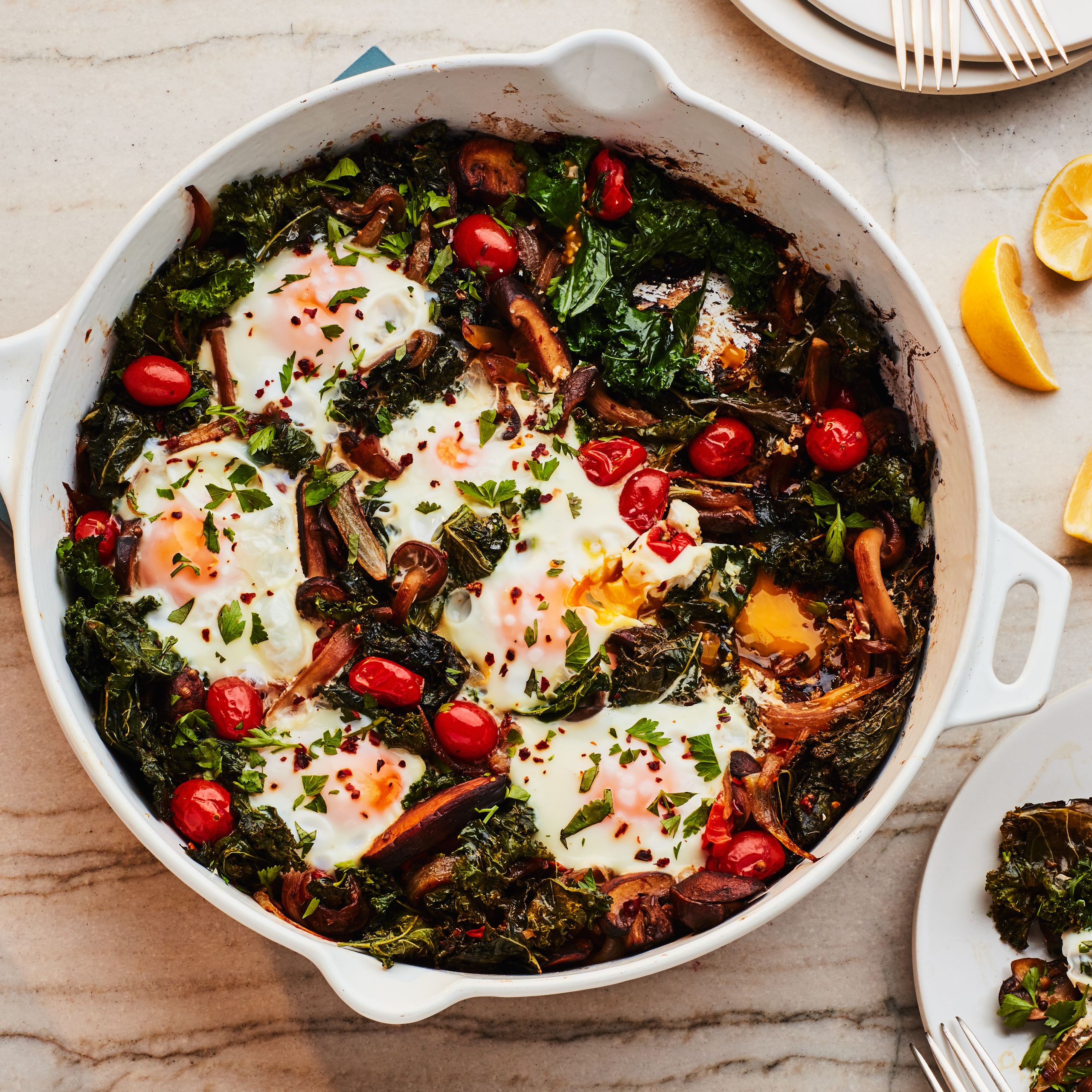Sautéed Kale and Mushroom Breakfast Hash with Poached Eggs