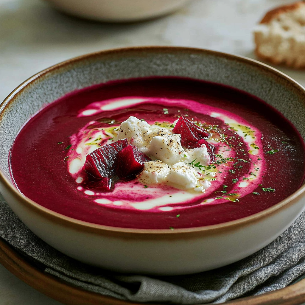 Roasted Beetroot & Dandelion Herb Soup with Goat Cheese