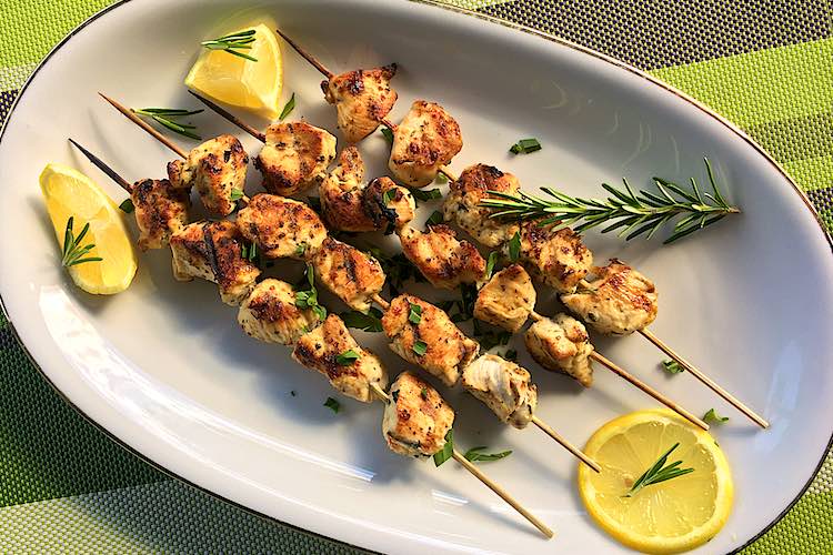 Grilled Herb-Marinated Chicken Skewers with Lemon Garlic Sauce