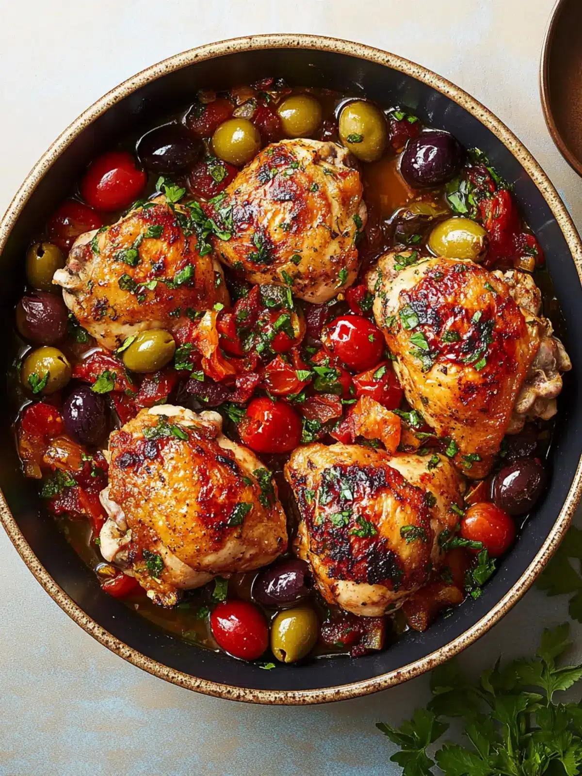 Pan-Seared Chicken Thighs with Spicy Tomato and Olive Sauce