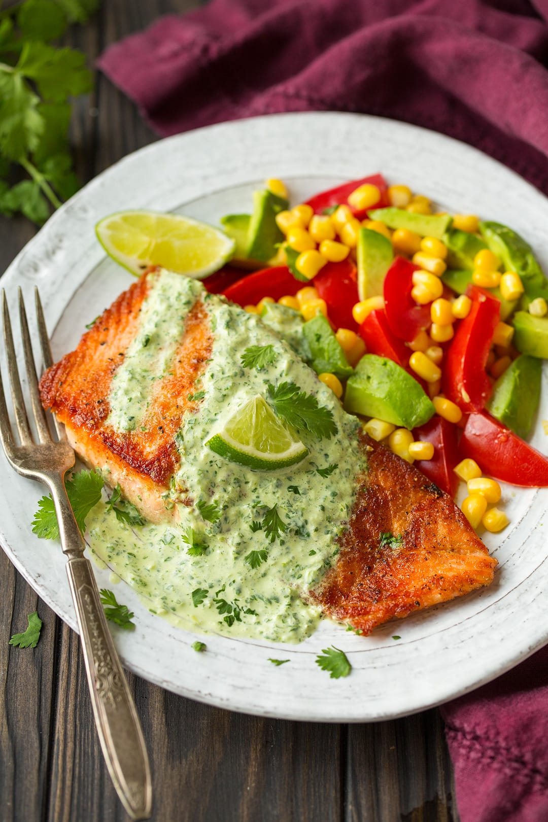 Pan-Seared Salmon with Avocado and Cilantro Lime Sauce