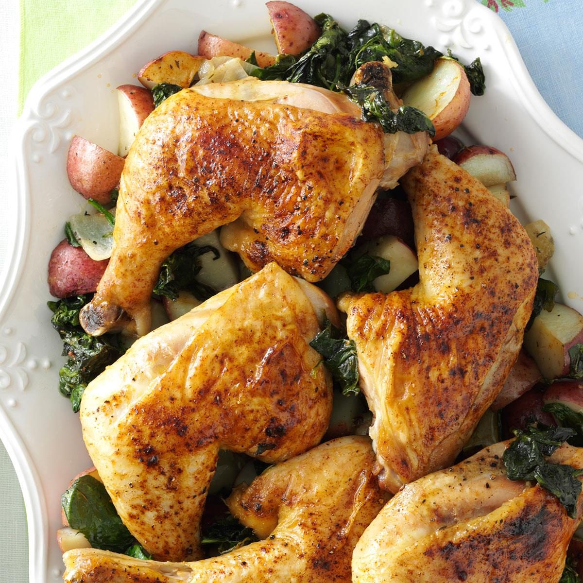 Pan-Seared Chicken with Red Wine Reduction and Roasted Garlic Potatoes