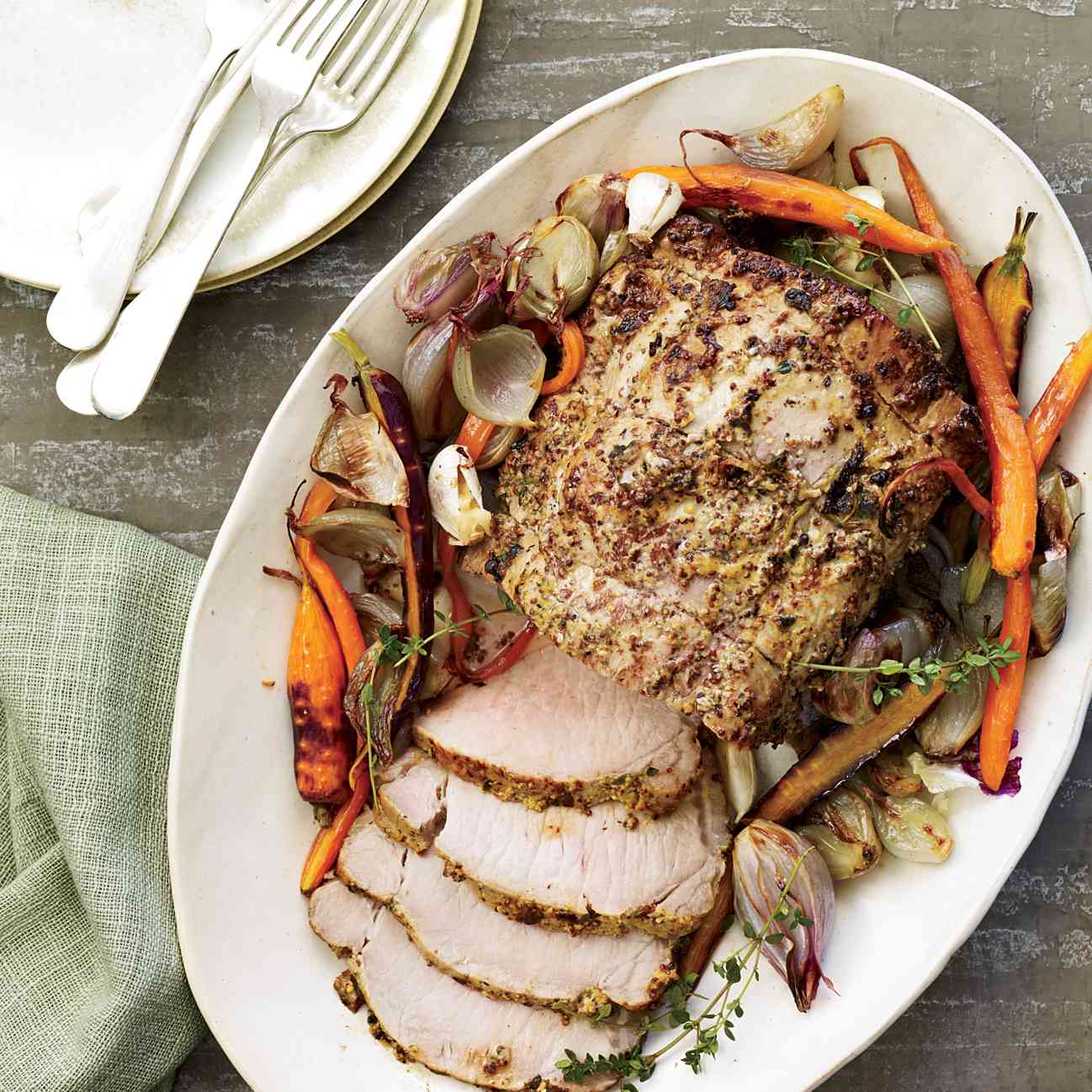 Sheet Pan Mustard-Rubbed Pork with Roasted Root Vegetables