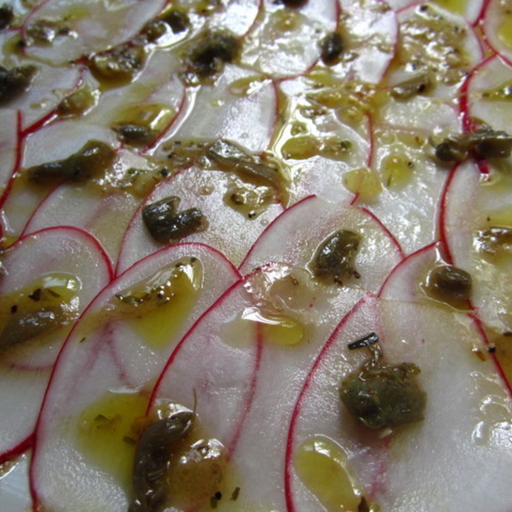 Sunbeam Radish Carpaccio with Lemon-Herb Drizzle