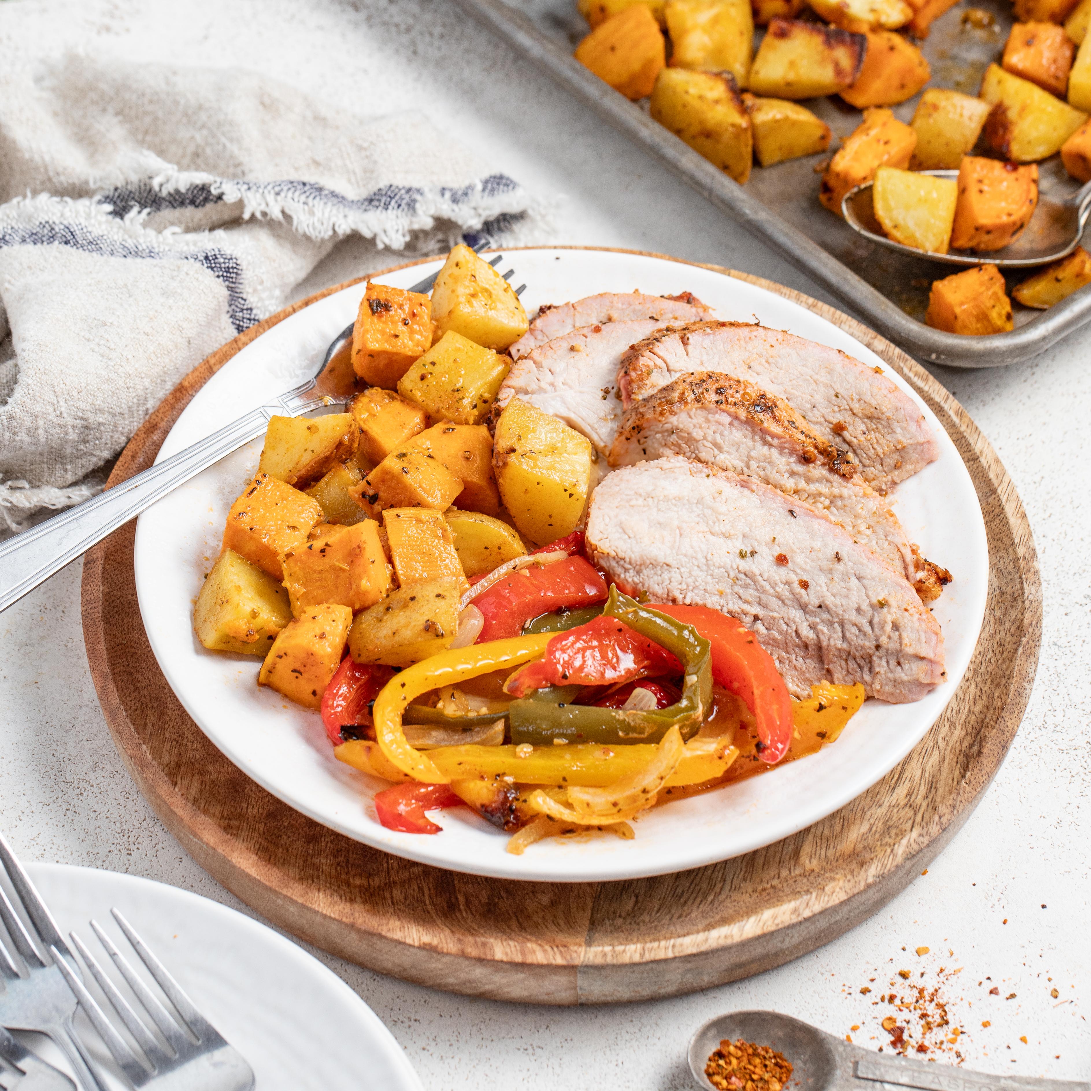 Sheet Pan Cajun-Spiced Pork with Roasted Sweet Potatoes