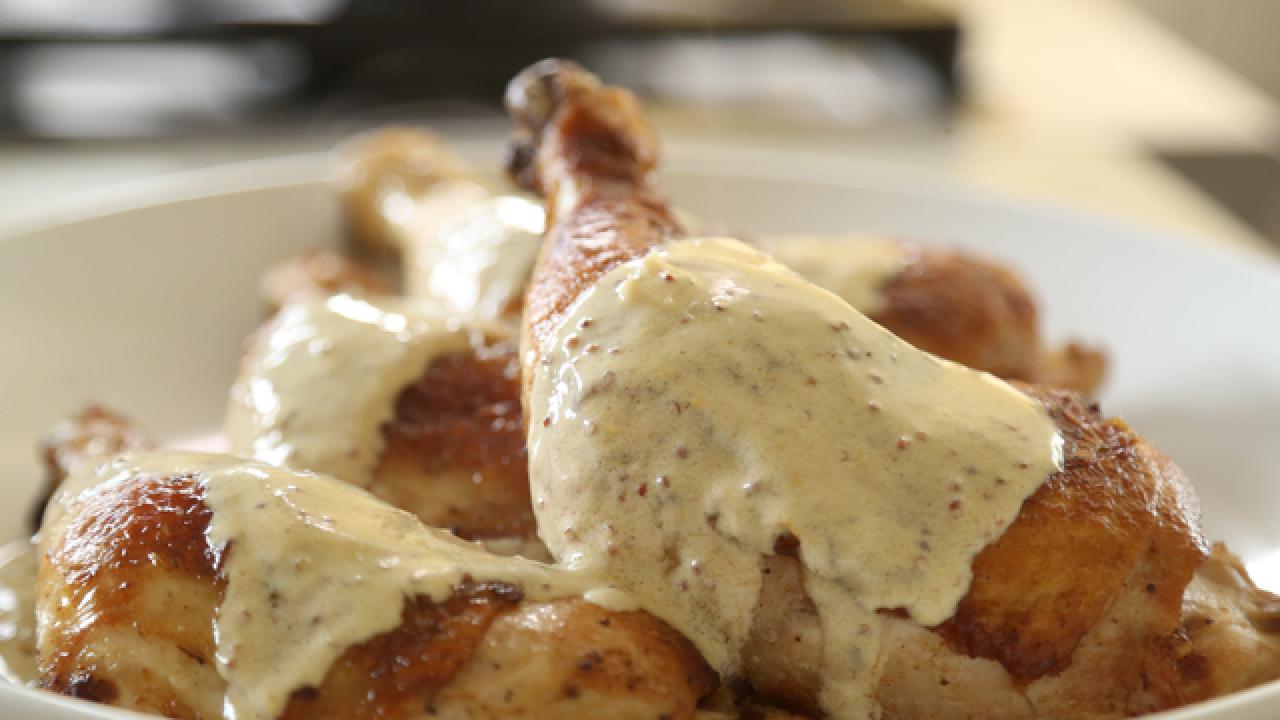 Pan-Roasted Chicken with Caramelized Onions and Mustard Sauce