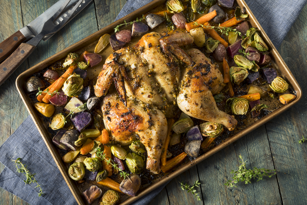Sheet Pan Half-Herb Roasted Chicken with Root Vegetables