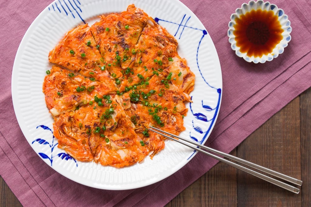 Half-Sour Kimchi Pancakes with Spicy Dipping Sauce
