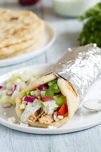 Pan-Seared Chicken Gyro with Warm Pita and Tzatziki