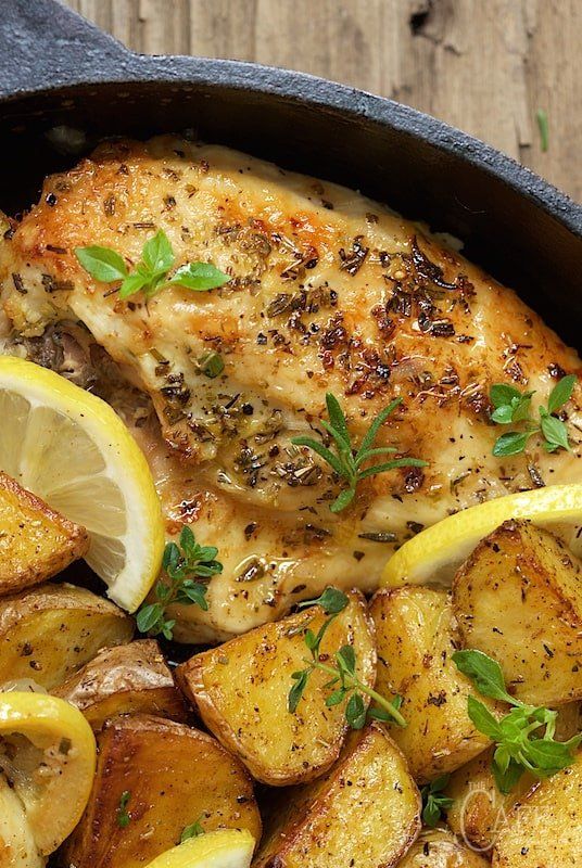 Pan-Seared Lemon-Thyme Chicken with Roasted Garlic Potatoes