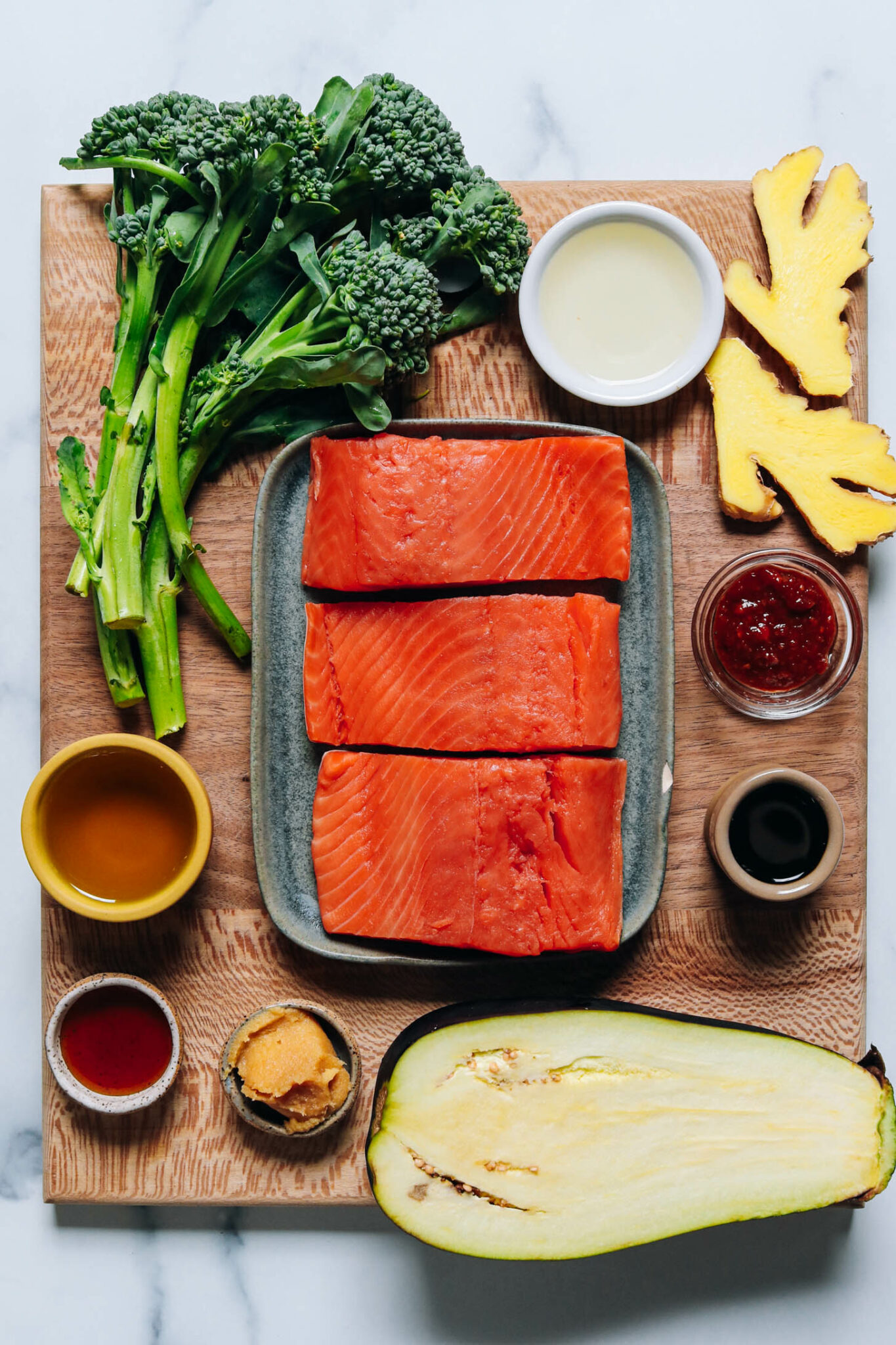 Pan-Seared Salmon with Miso-Glazed Eggplant and Scallion Oil