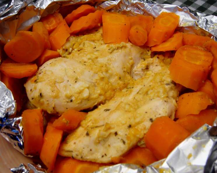 Pan-Seared Chicken with Honey Mustard Glaze and Roasted Baby Carrots
