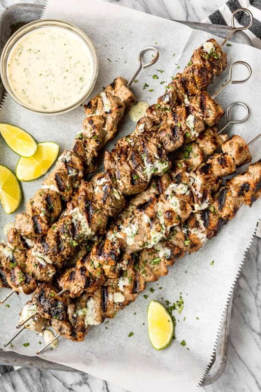 Grilled Citrus-Marinated Pork Skewers with Yogurt-Tahini Sauce