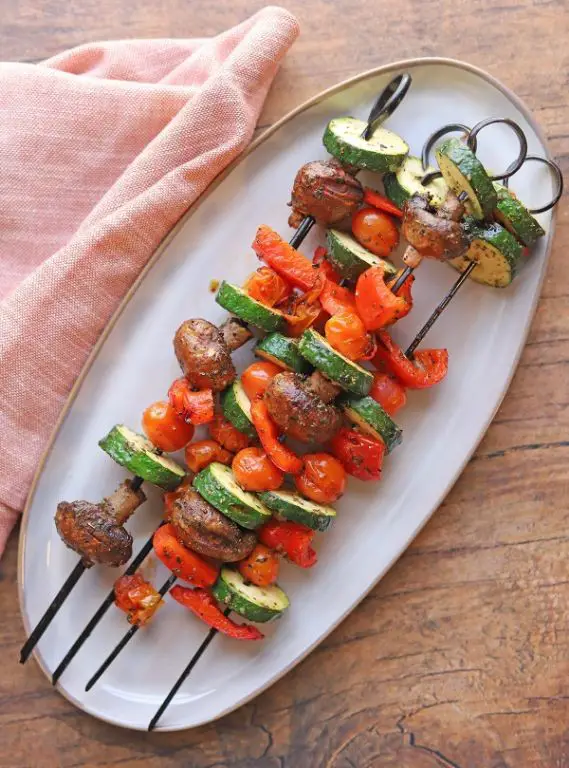 Charcoal-Grilled Vegetable Skewers with Smoky Harissa Marinade