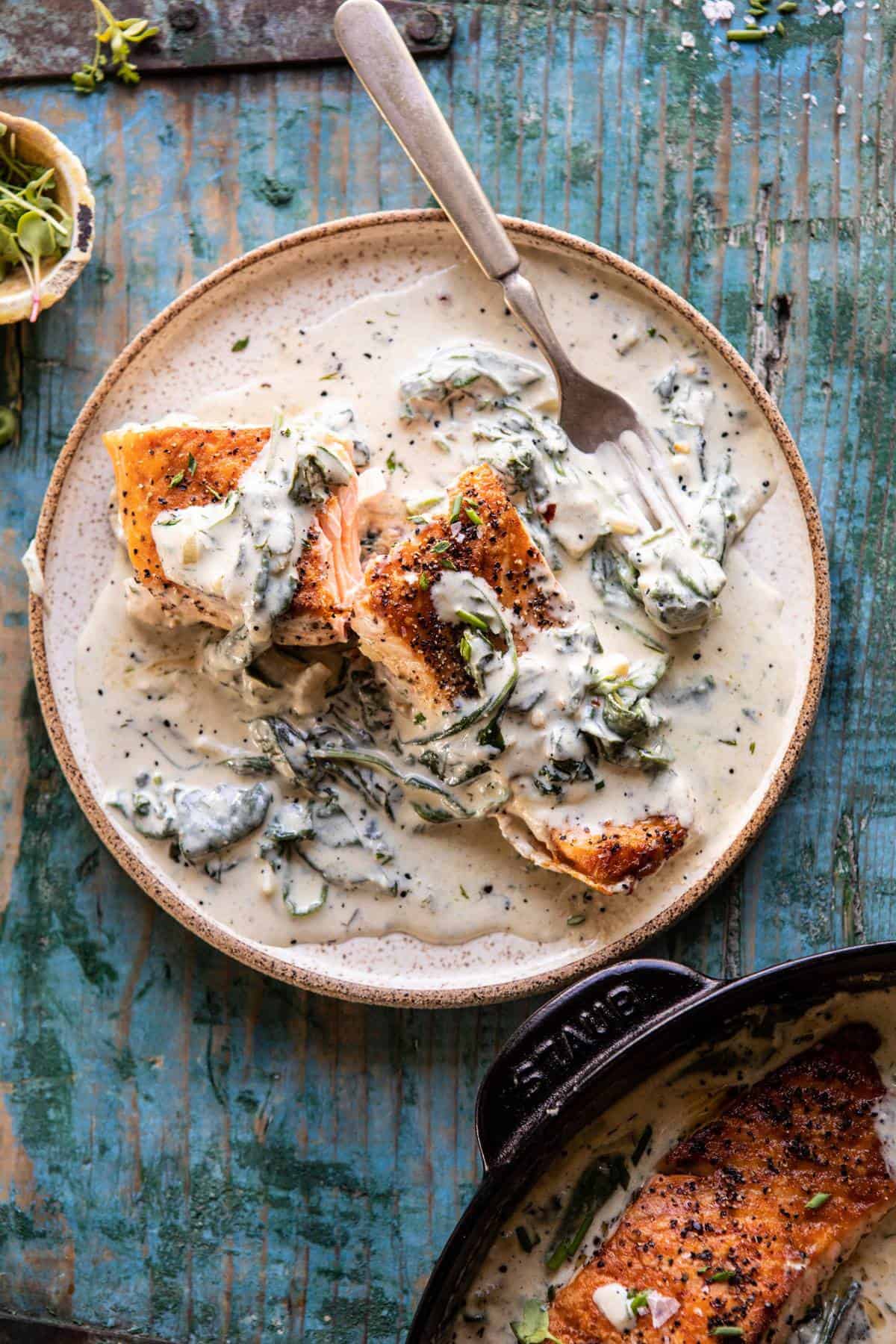 Pan-Seared Salmon with Avocado and Spinach in Garlic Butter