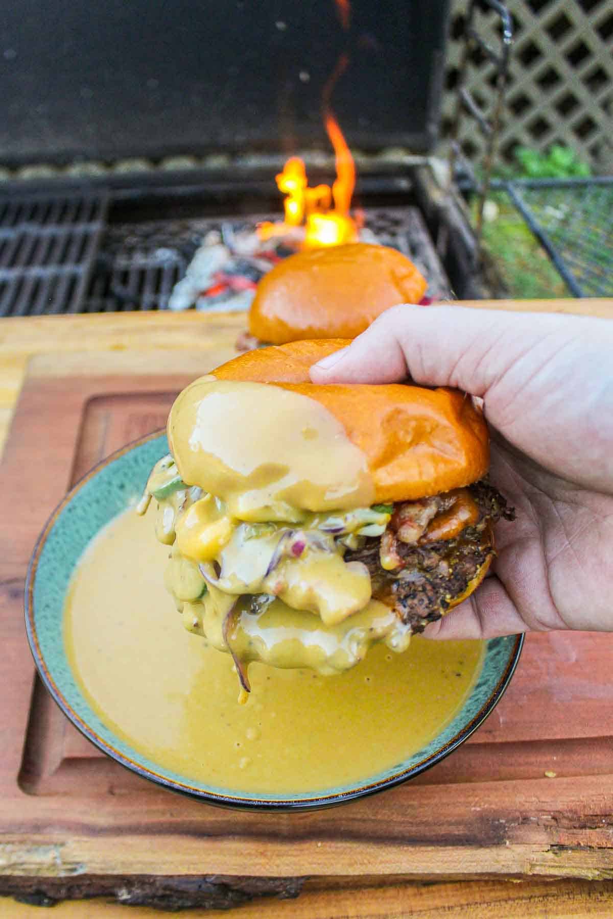 Grilled Newt’s-Style Burger with Beer Cheese Sauce