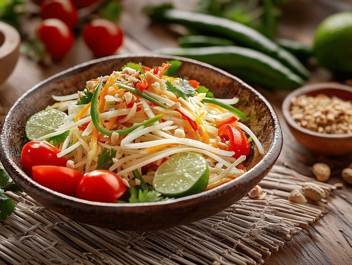 Spicy Laotian Green Papaya Salad with Toasted Rice Dressing