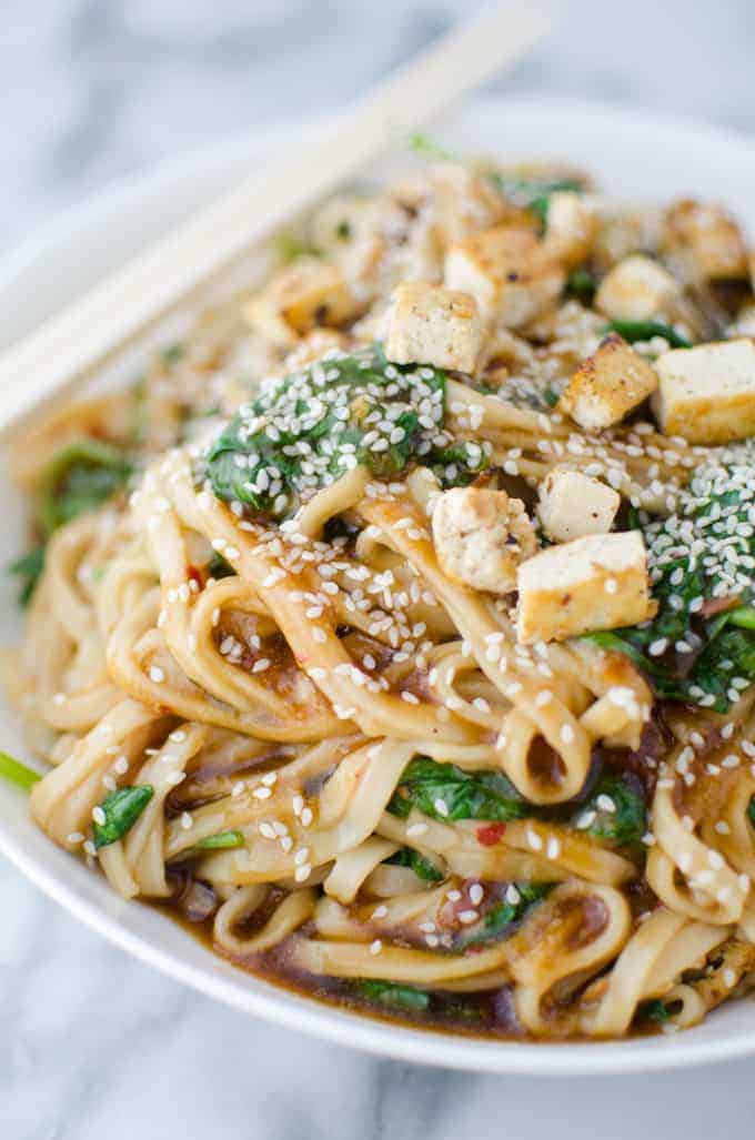 Stir-Fried Udon Noodles with Ginger-Sesame Tofu