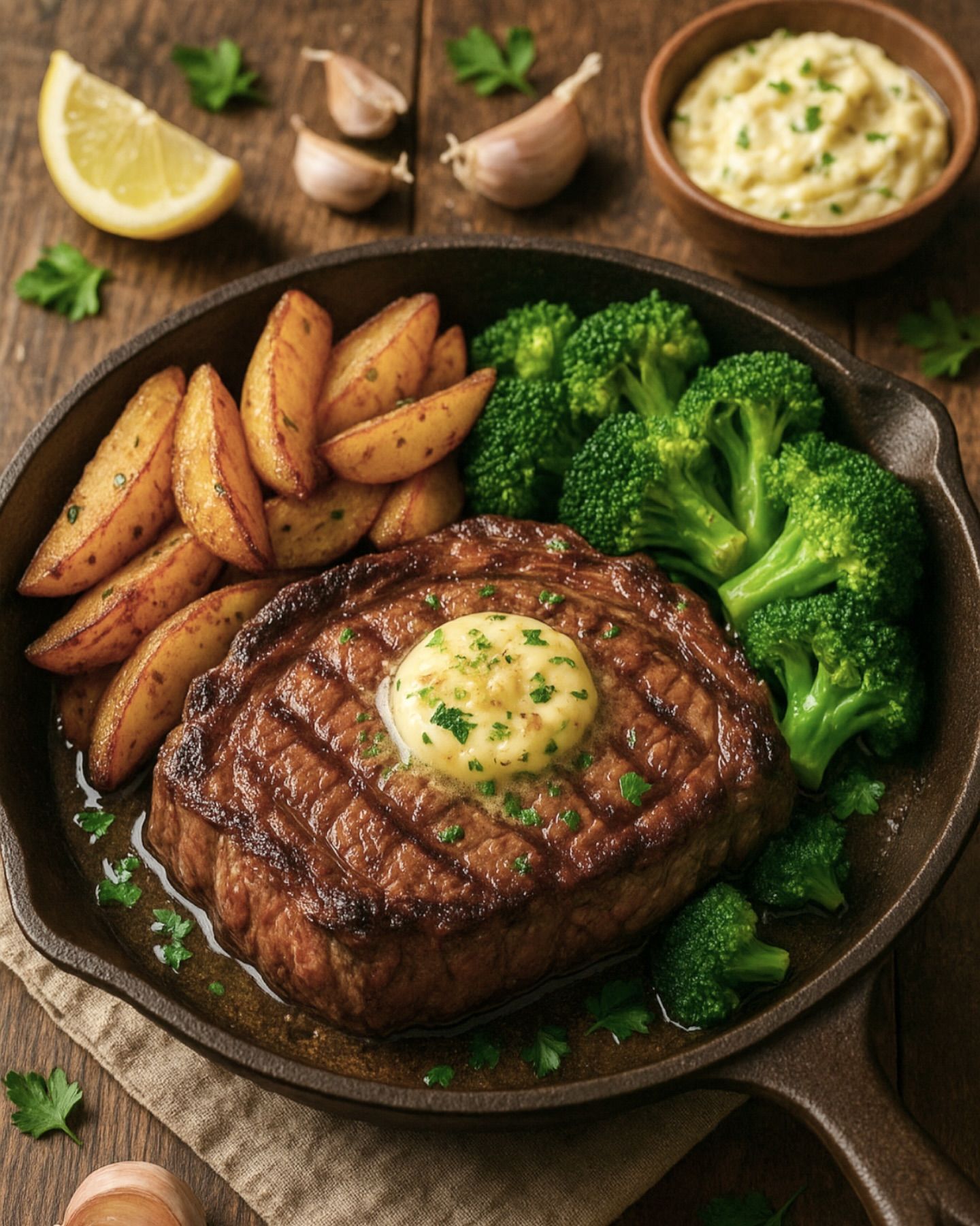 Pan-Seared Ribeye Steak with Garlic Butter and Herb Roasted Potatoes