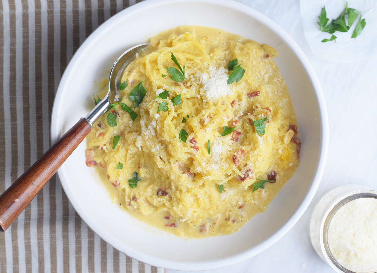 Spaghetti Squash Carbonara with Parmesan and Bacon