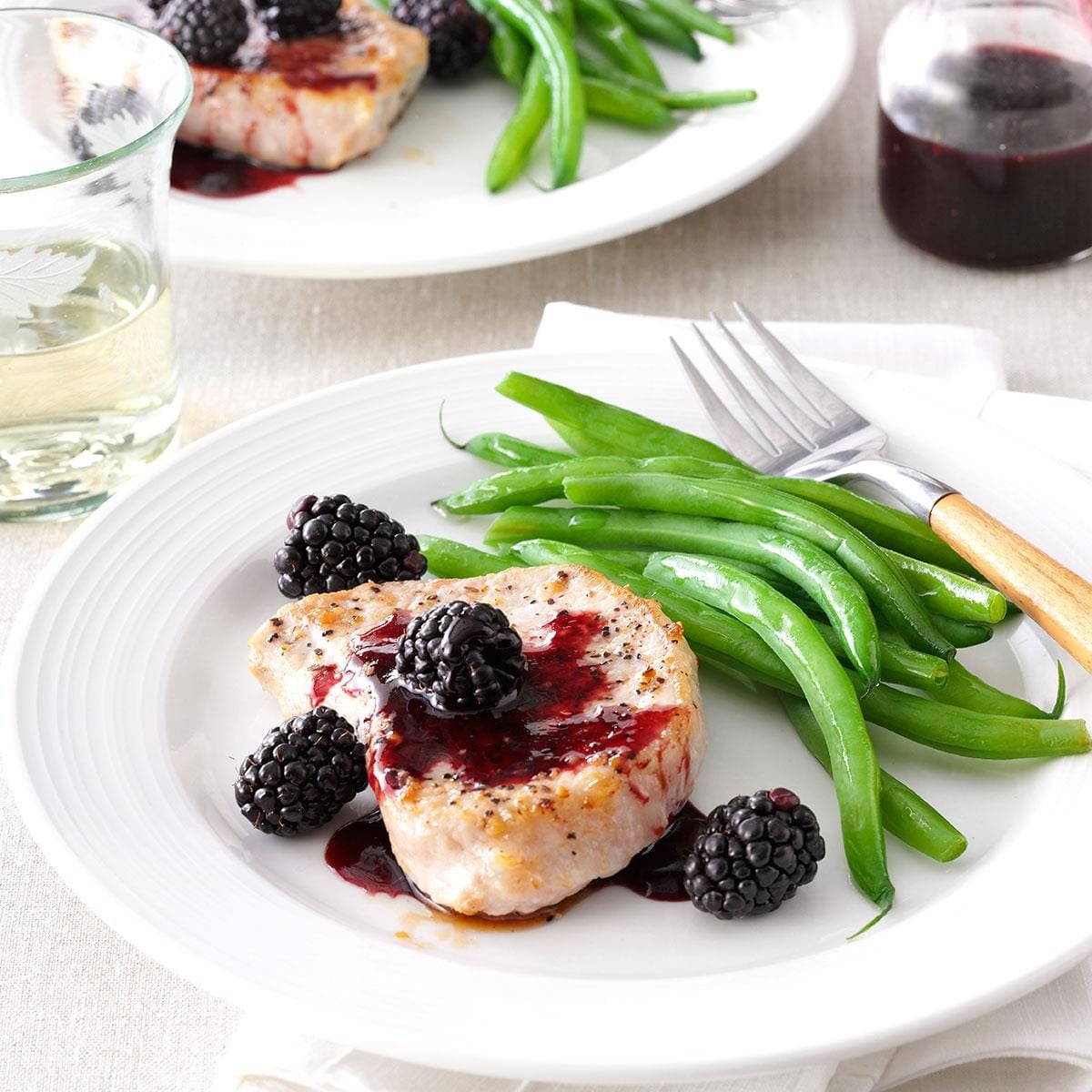 Spiced Woodfire Pork Chops with Blackberry-Bourbon Pan Sauce