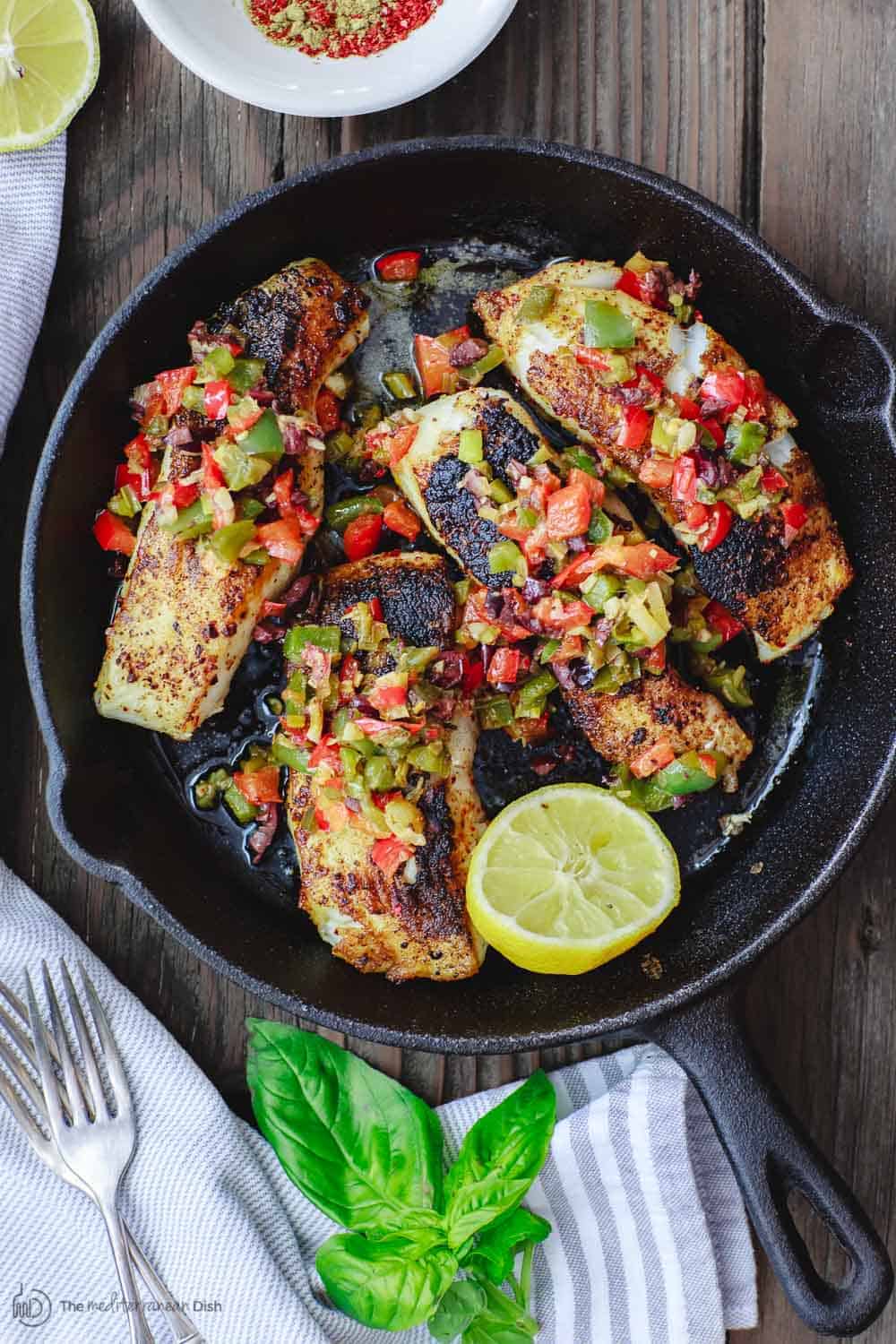 Pan-Seared Sea Bass with Olive Tapenade and Roasted Vegetables