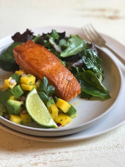 Pan-Seared Salmon with Mango Avocado Salsa and Lime Vinaigrette