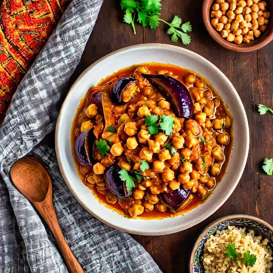 Eggplant and Chickpea Tagine with Pomegranate Molasses