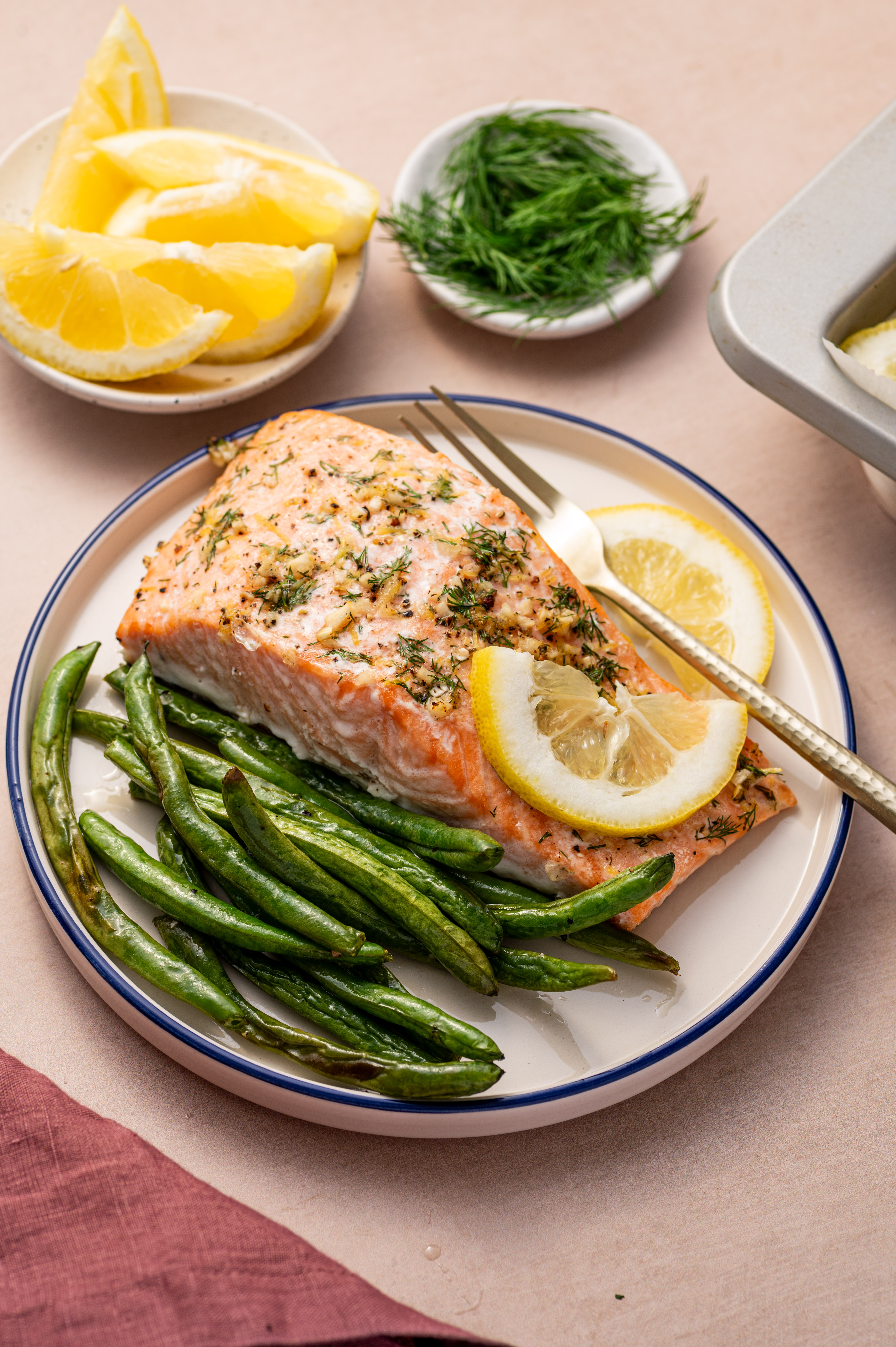Pan-Seared Salmon with Lemon-Dill Rice and Garlic Green Beans