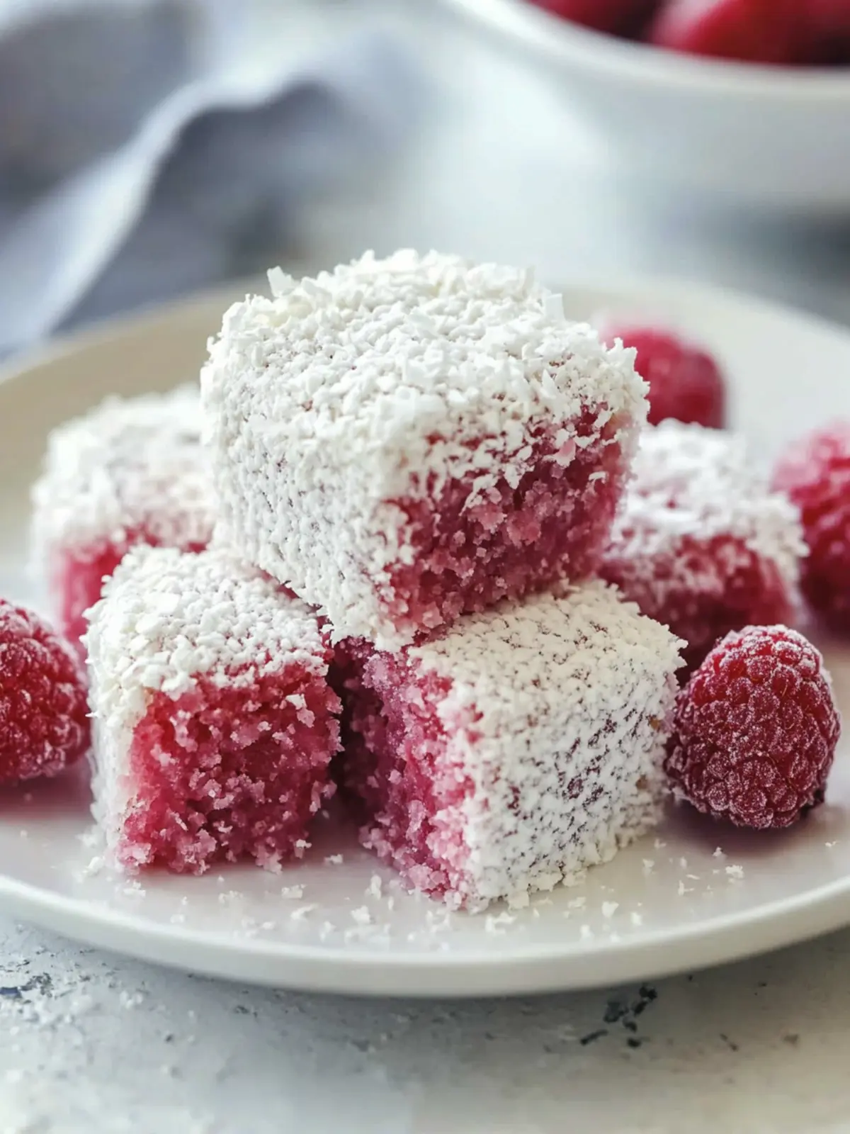 Honeyed Lamingtons with Toasted Coconut and Raspberry Sauce