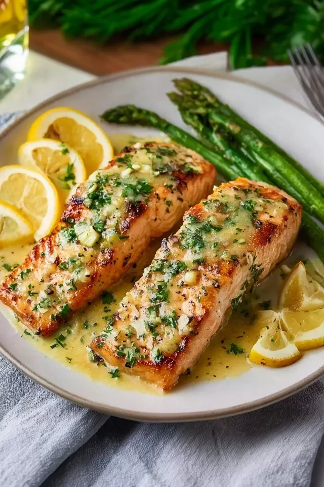 Pan-Seared Salmon with Lemon-Dill Butter Sauce and Garlic Green Beans