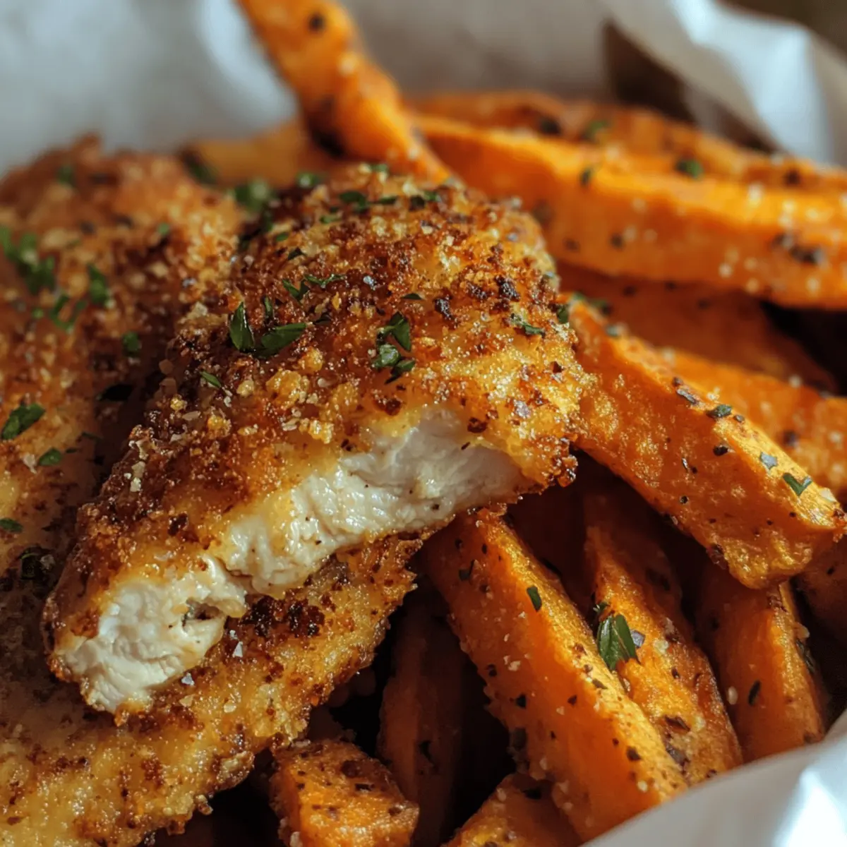 Baked Cheesy Chicken Tenders with Sweet Potato Fries