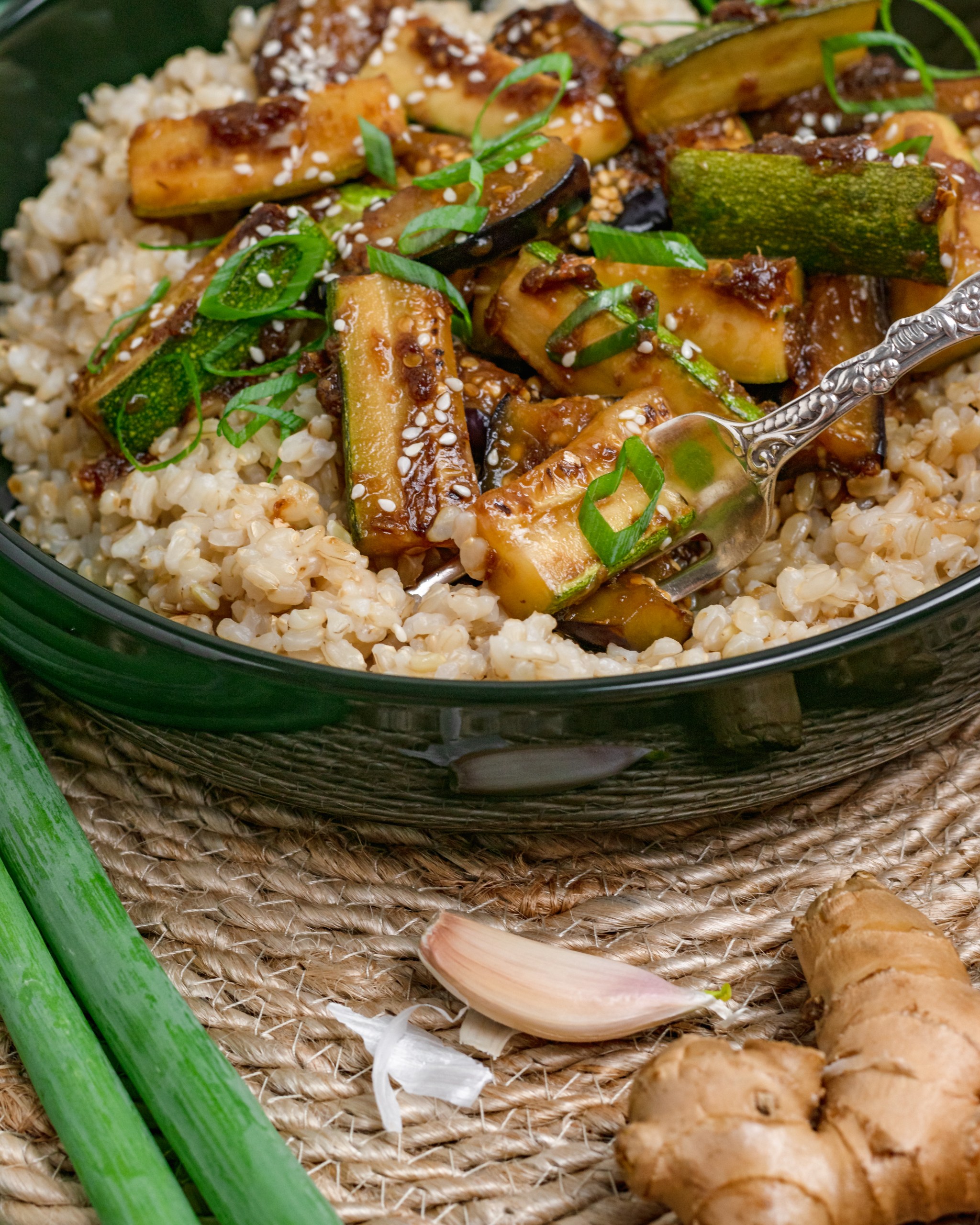 Eggplant and Zucchini Stir-Fry with Sesame-Ginger Sauce