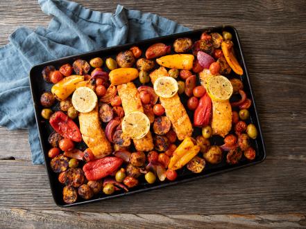 Sheet Pan Harissa-Spiced Salmon with Chickpeas and Roasted Vegetables