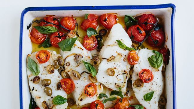 Oven-Roasted Mediterranean Sea Bass with Cherry Tomatoes and Olives