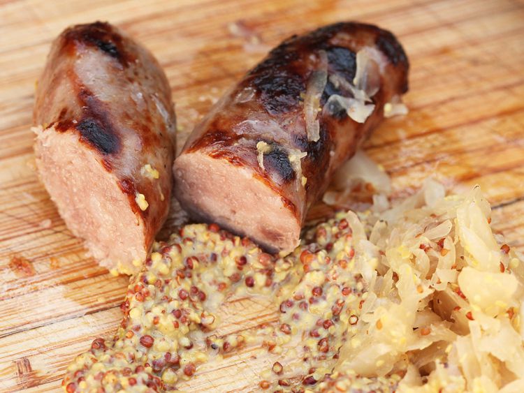 Maple-Glazed Smoked Bratwurst with Michigan Beer Mustard
