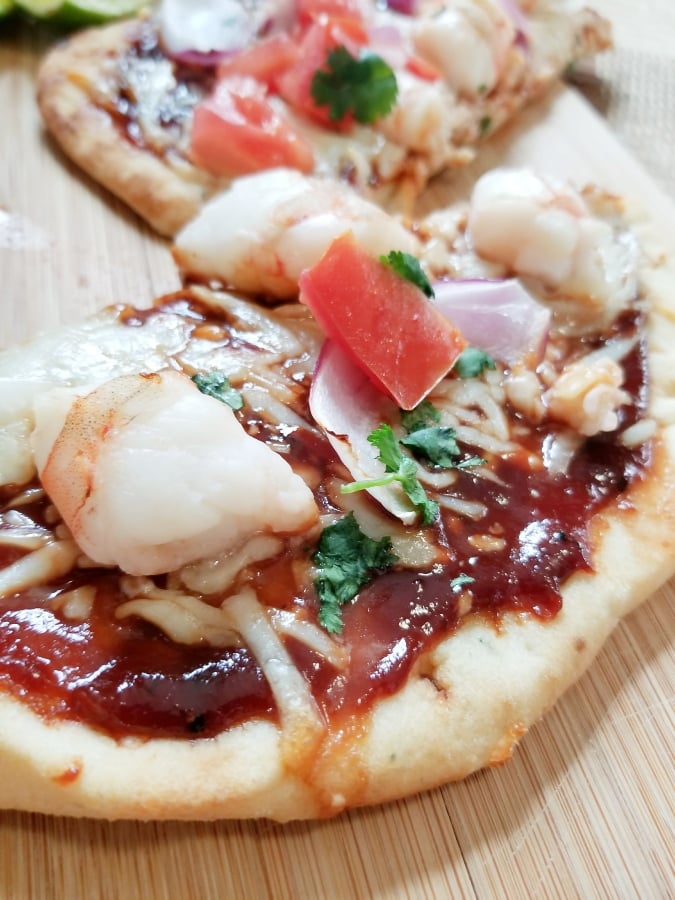 Wood-Fired BBQ Shrimp and Bacon Pizza with Roasted Red Peppers