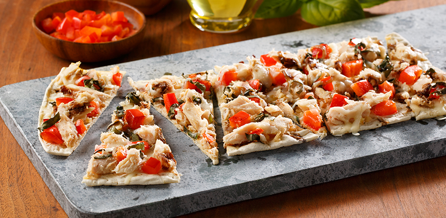 Garlic Olive Oil and Roasted Red Pepper Flatbread with Bacon