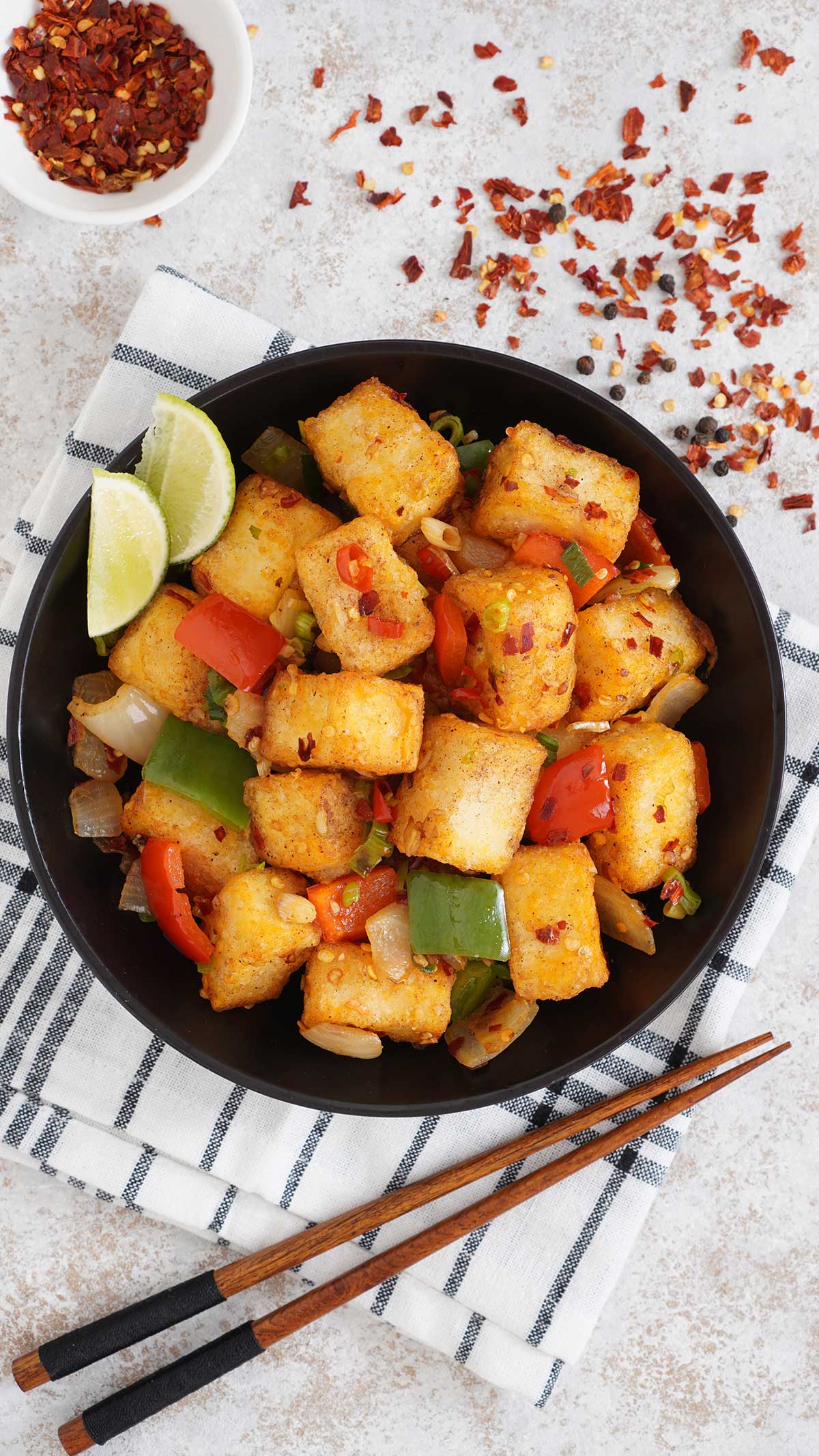 Spicy Sautéed Tofu with Garlic and Red Chili Flakes