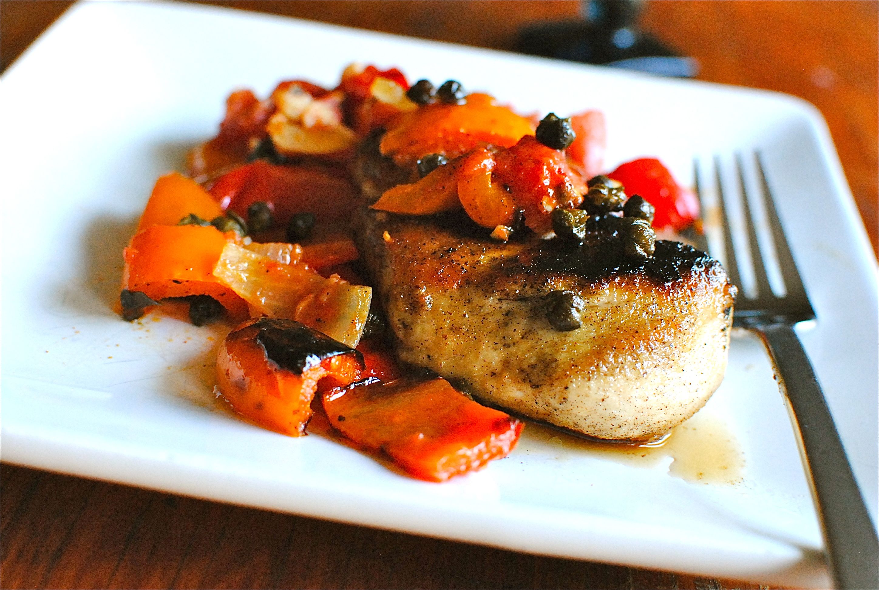 Pan-Seared Chicken with Spiced Tomato and Roasted Pepper Ragout