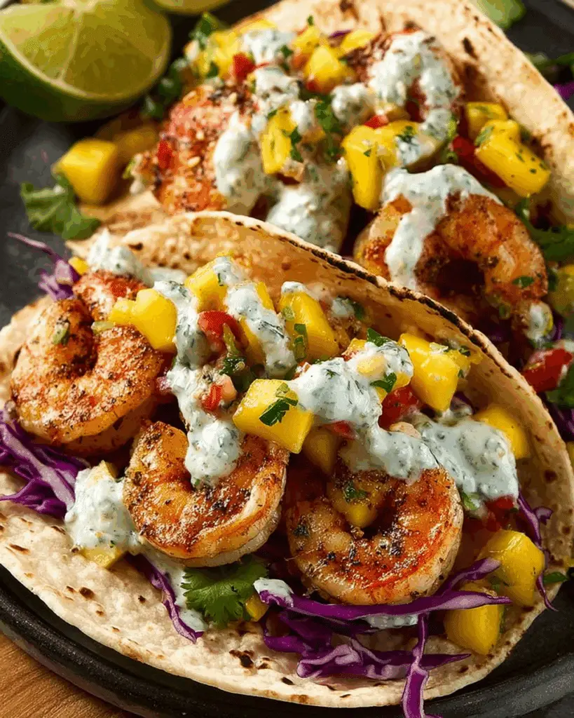 Citrus-Marinated Shrimp Tacos with Mango Salsa and Cilantro Cream