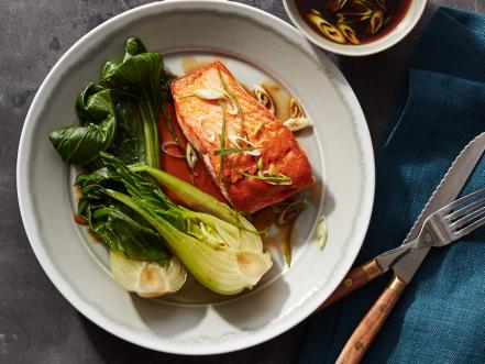 Pan-Seared Salmon with Ginger-Soy Glaze and Sesame Bok Choy