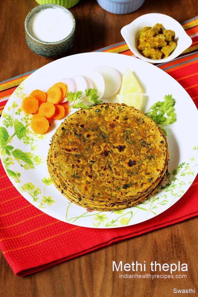 Pan-Fried Methi Thepla with Yogurt and Pickle