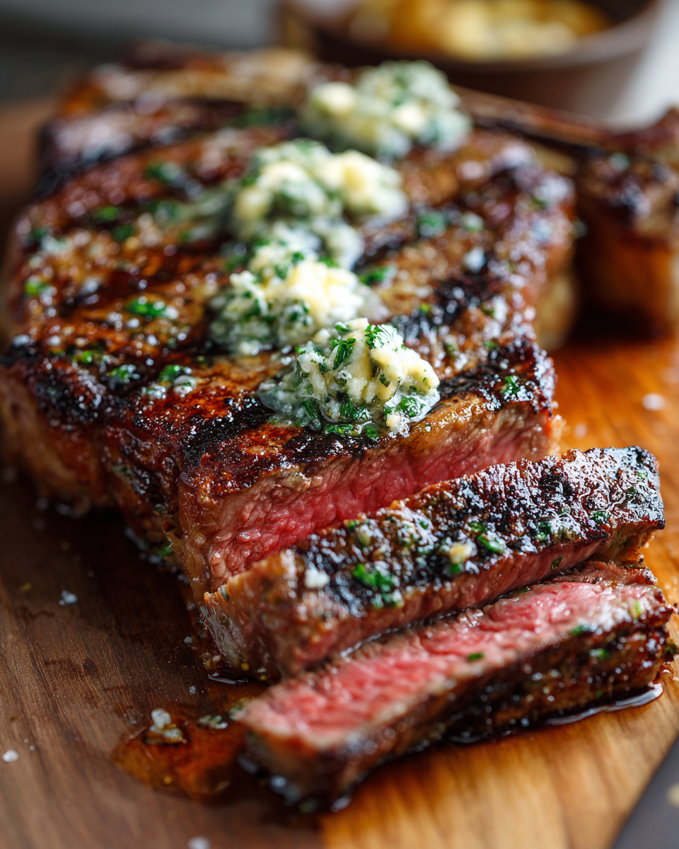 Grilled Whiskey-Marinated Ribeye with Roasted Garlic Butter