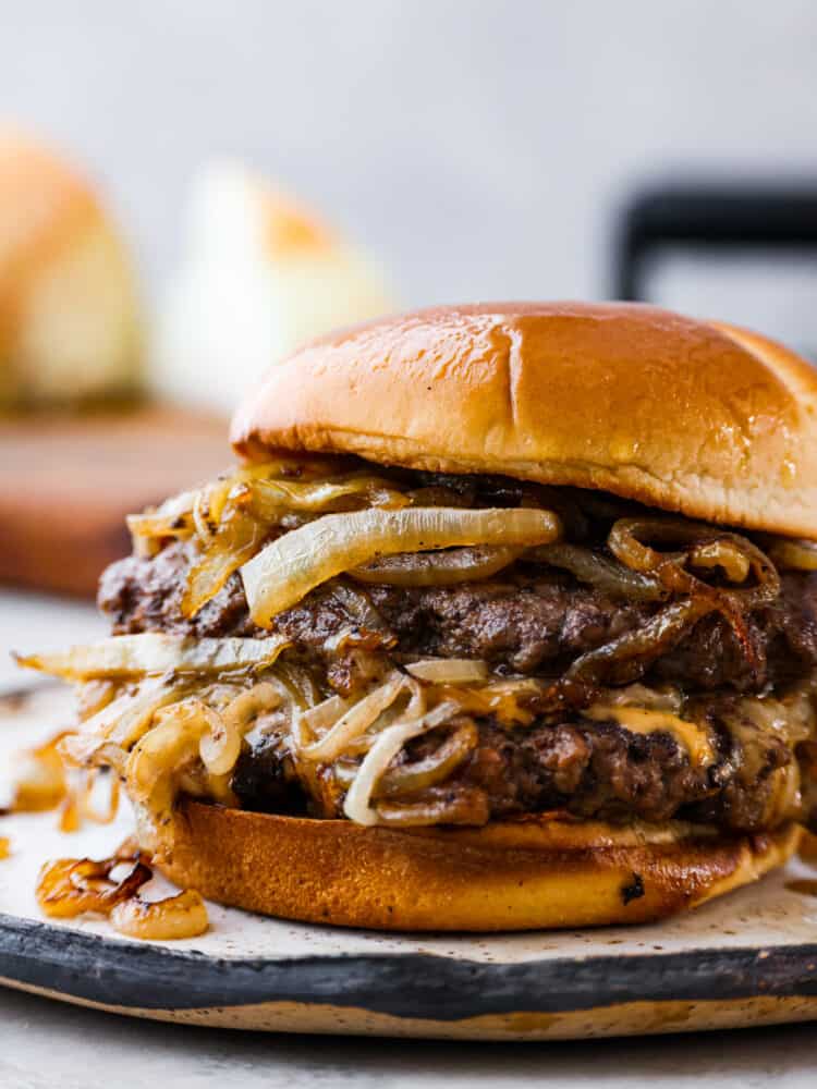 Prairie Kitchen-Style Country Store Burger with Caramelized Onions and Smoked Cheddar