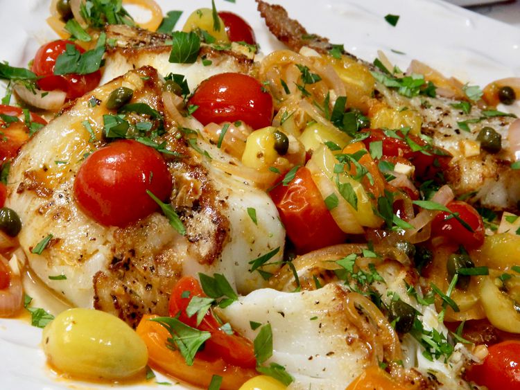 Pan-Fried Cod with Tomato and Green Olive Salsa