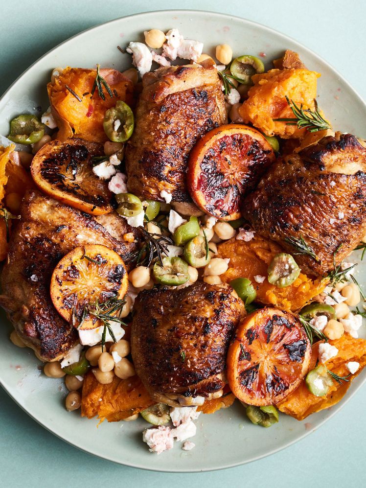 Sautéed Chicken Thighs with Roasted Sweet Potatoes and Garlic Spinach
