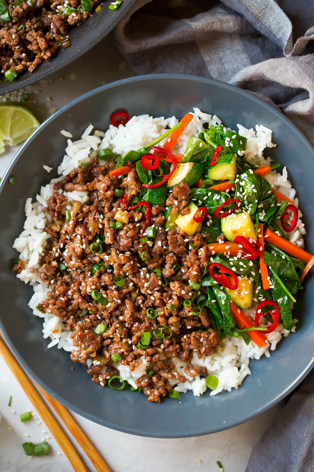 One-Pot Korean Beef and Rice Bowl with Spinach and Carrots