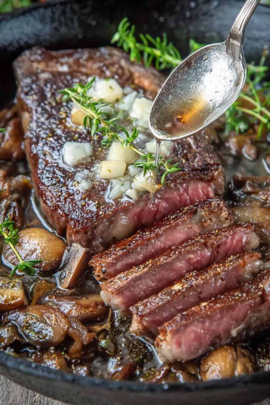 Pan-Seared Ribeye Steak with Smoked German Sausage and Mustard Sauce