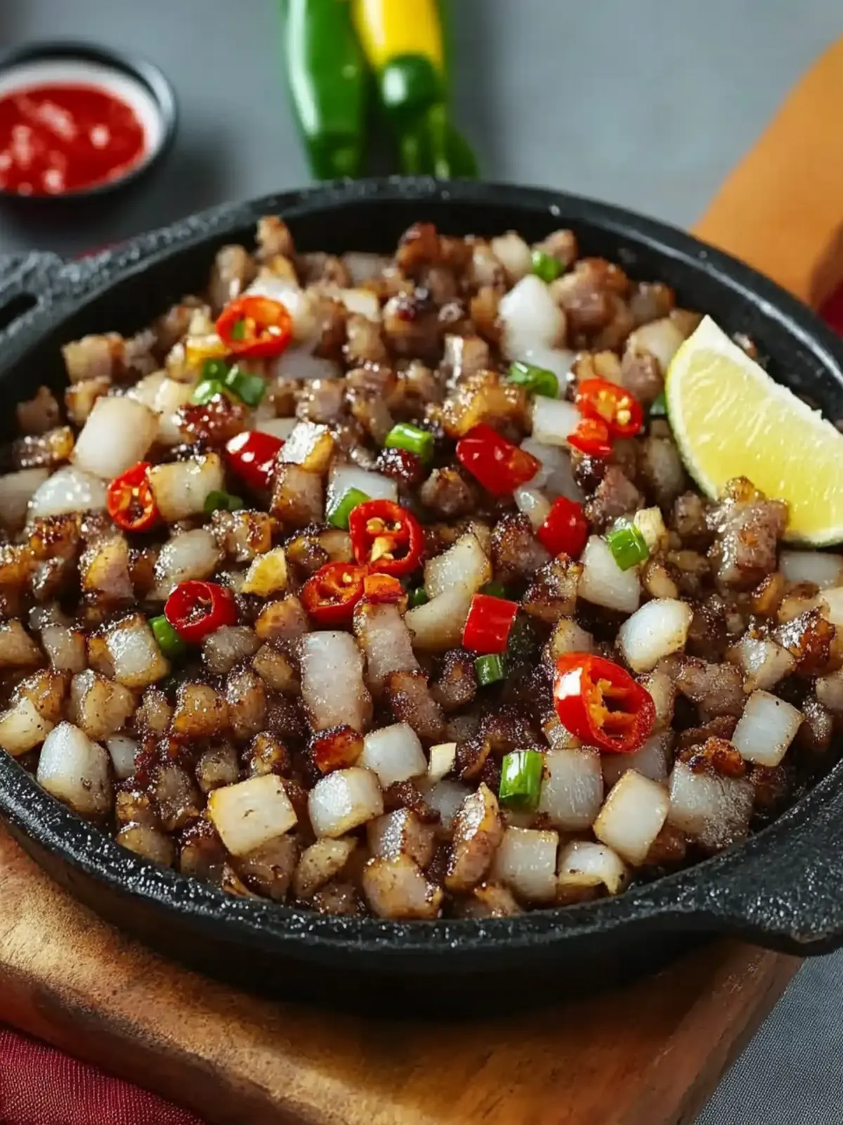 Sautéed Pork Sisig with Onions and Chili Peppers